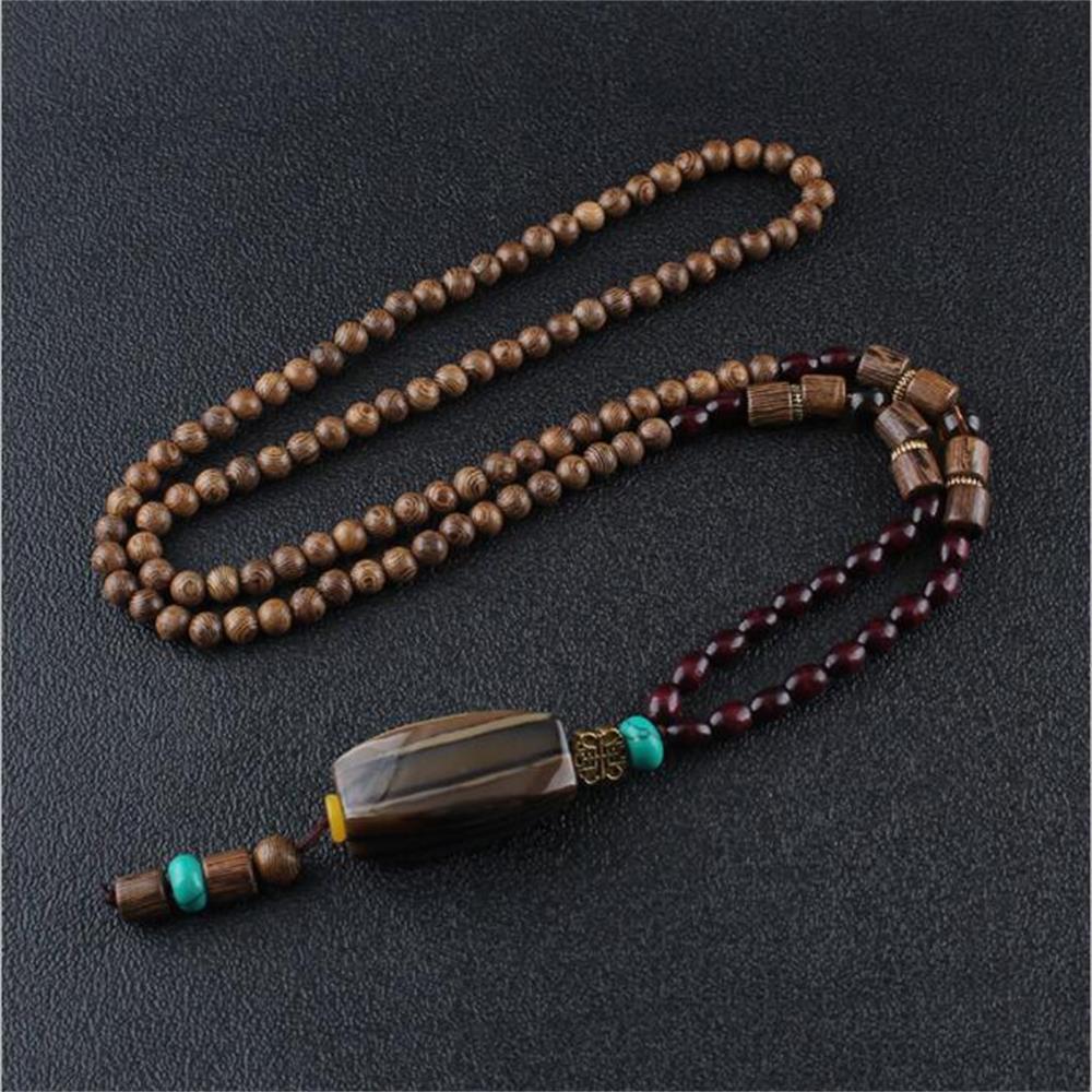 Boho Lucky Gift Party Handmade Mala Wood Bead Nepal Necklace Buddhist Horn Fish Pendant