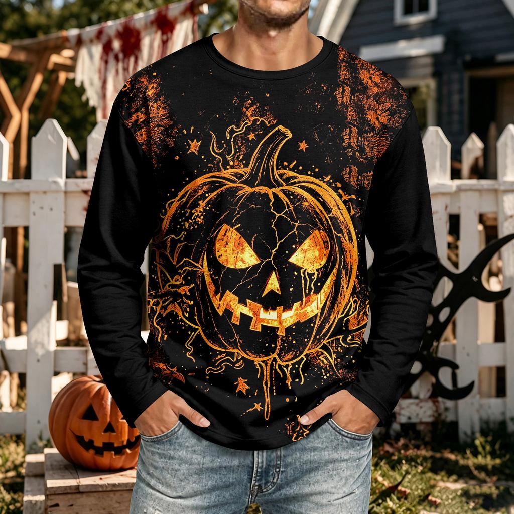 Men's Halloween Neck Long Sleeve Casual Shirt Comfortable Top for Holiday Party and Daily Wear