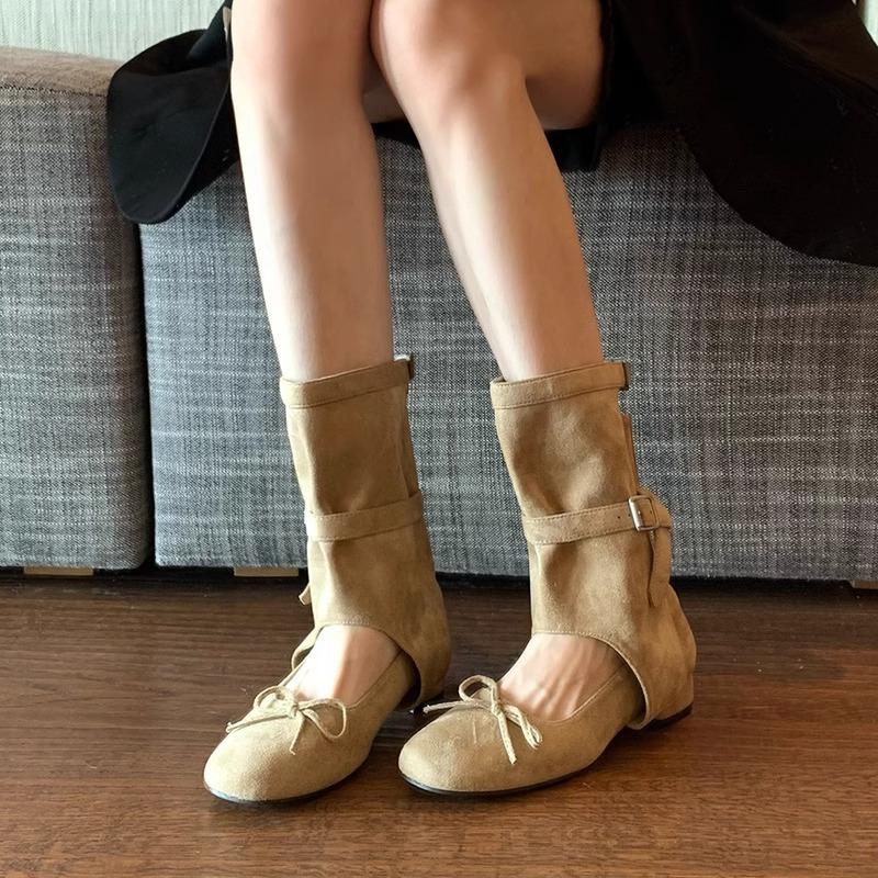 Maillard Boots Women's 2025 Spring/Summer New Design Round Toe Bow Versatile Thick-heeled Cool Boots Ballet Single Shoes