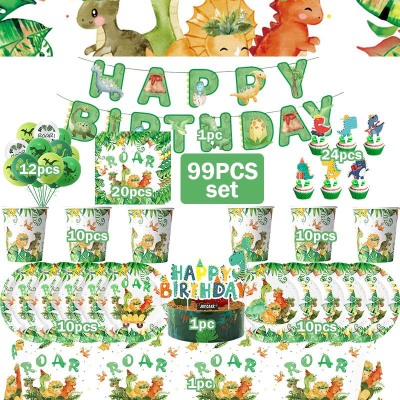 Dinosaur Birthday Decoration Party Supplies Set Cup Plate Tablecloth Dinosaur Balloons Happy Banner Cake Topper for Kids Favors