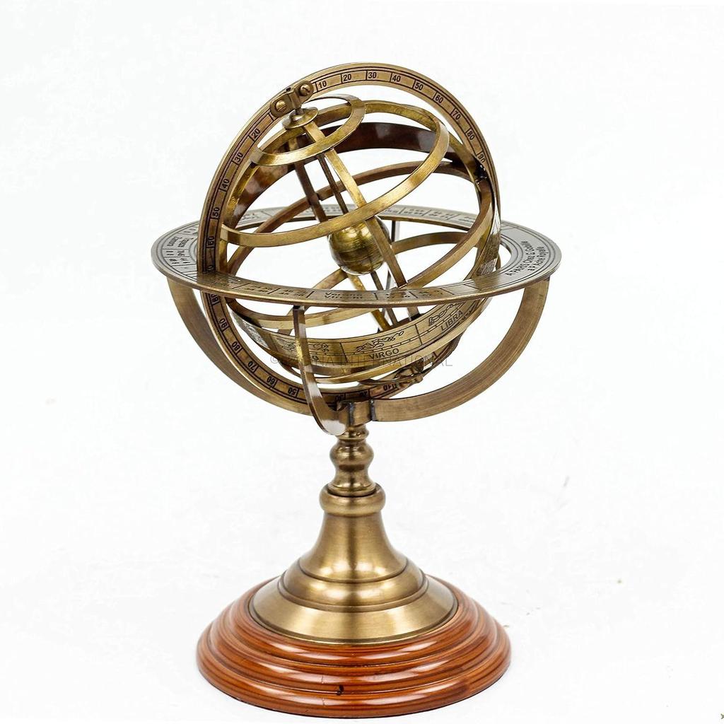 Antique Vintage Zodiac Armillary Brass Sphere Wooden Display Pirate's Ship Decor Globe (Large)