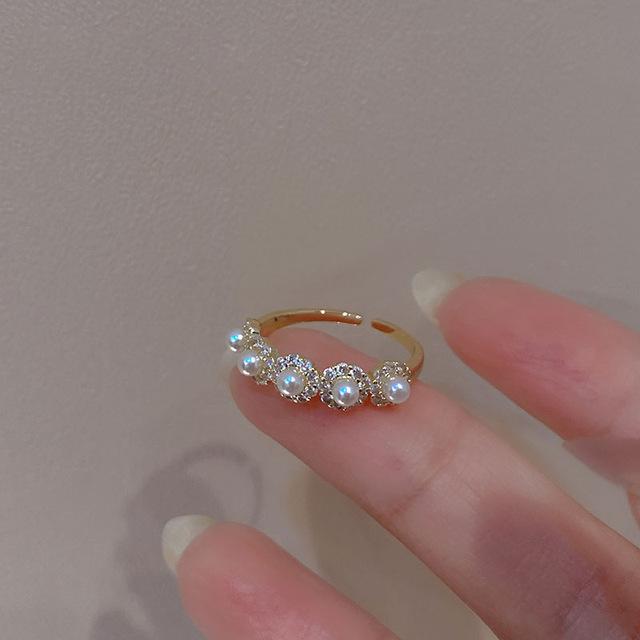 

ANENJERY Французские романтические многослойные жемчужные кольца для женщин золотого цвета, кольца с блестящим цирконом, ювелирные изделия Resizable