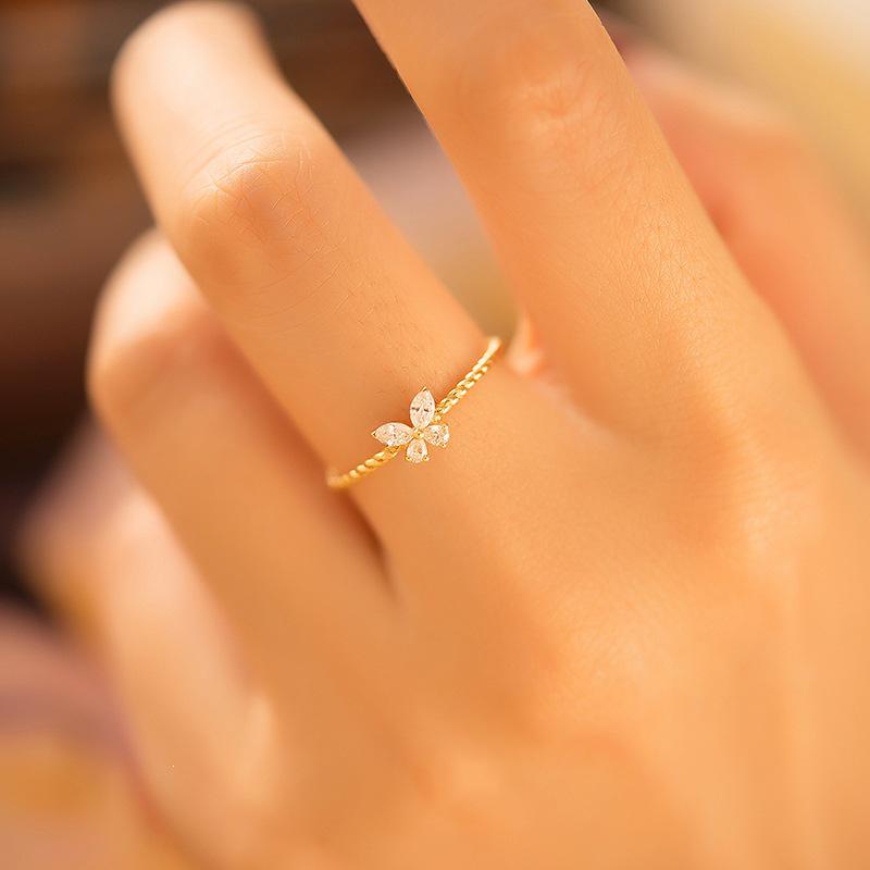 14K Gold-Plated S925 Sterling Silver Butterfly Ring - Delicate Minimalist Design for Women Size 12