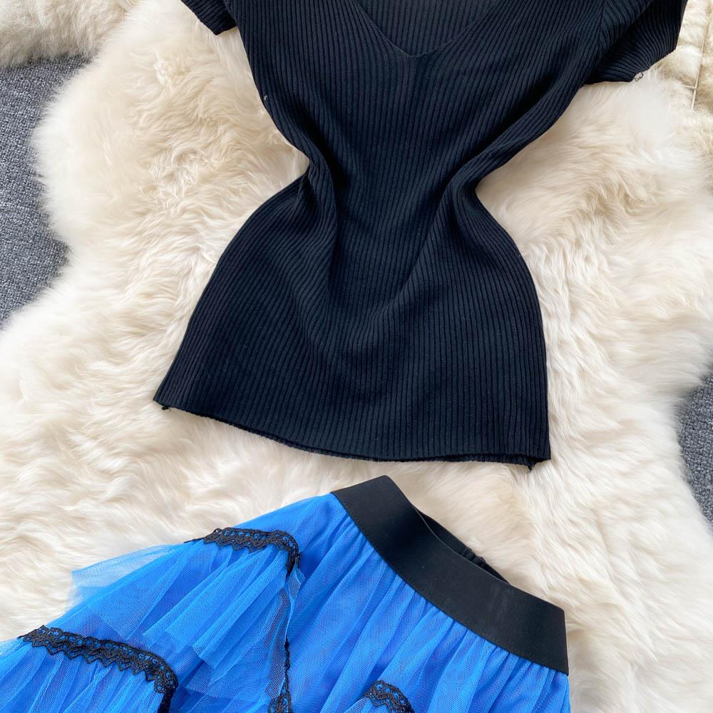 Sweet Temperament Two-Piece Suit V-Neck Knitted Top Blue Cake Skirt Mesh High Waist Retro Tutu Skirt