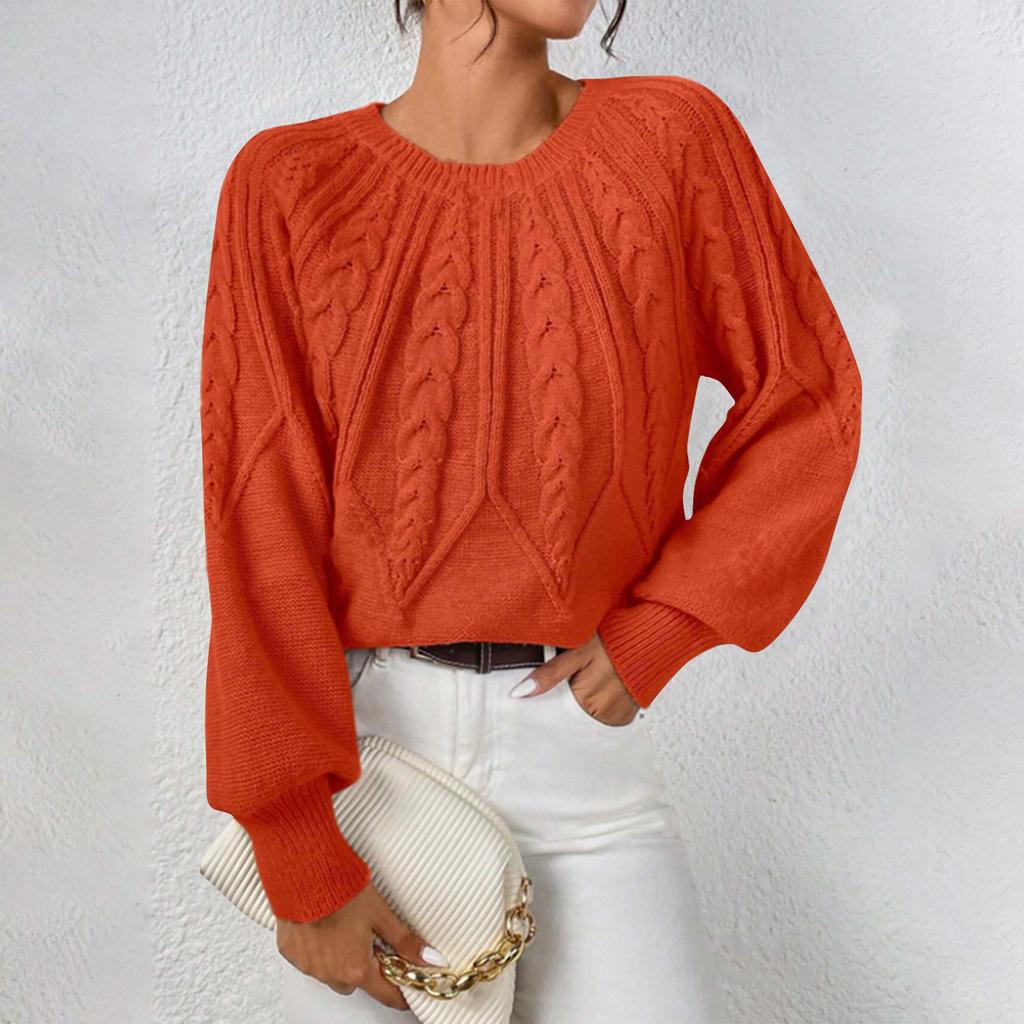 Camisola casual de cor sólida com decote redondo e manga comprida com fio de cor sólida para mulheres