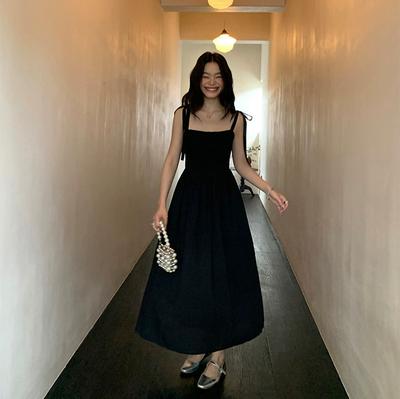 French Black Sleeveless Dress for Children In Summer, Slim Fit and Slimming, One Necked Camisole Long Dress