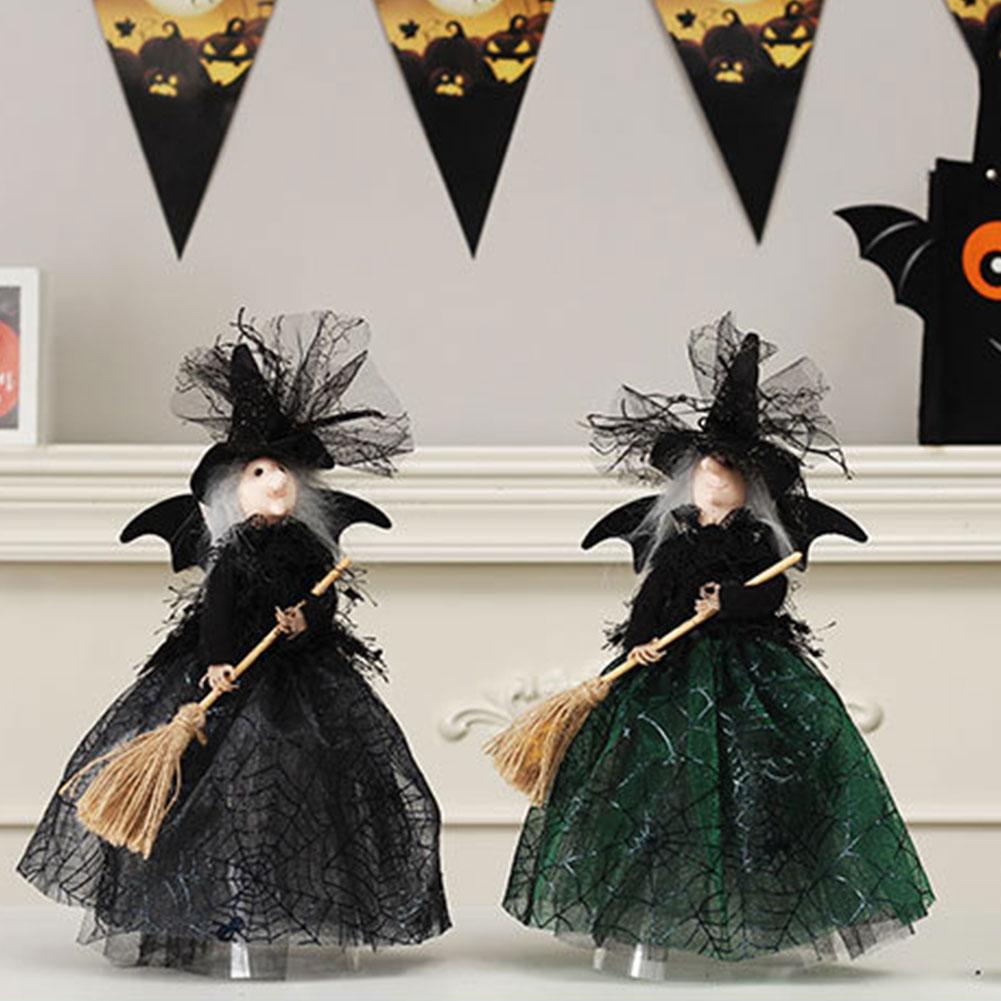 Halloween Witch Doll with Broom Haunted House Doll Ornaments Halloween Witch Tree Topper Decoration for Halloween Party Decor