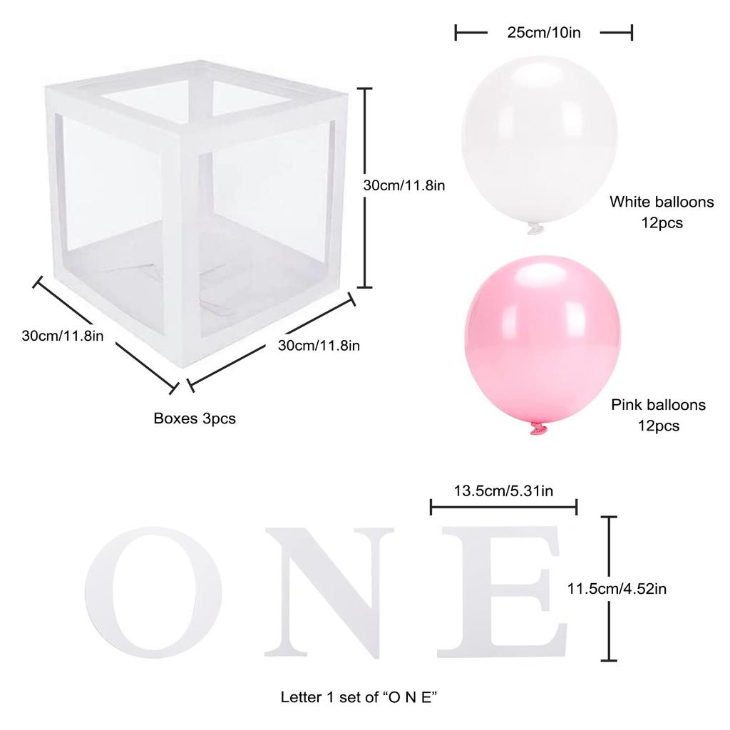 Baby Girl First Birthday Party Decoration Three Balloon Boxes with 24 Balloons for 1 Year Old Baby Birthday Party Backdrop Favor