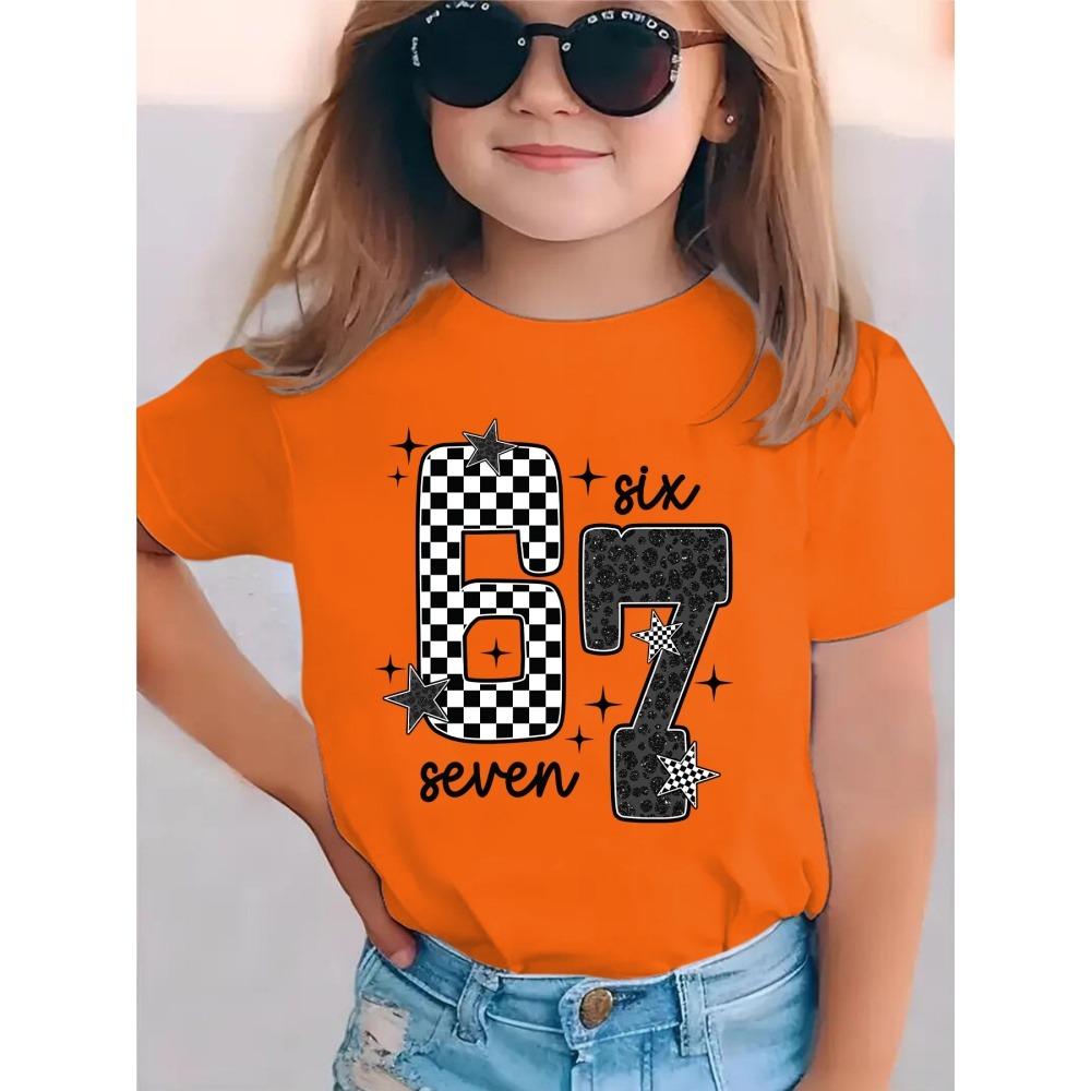 Tricou Fete cu Imprimeu Număr 67 Mânecă Scurtă Gât Rotund Top Casual Tricouri Vară Confortabil Modă Îmbrăcăminte Copii