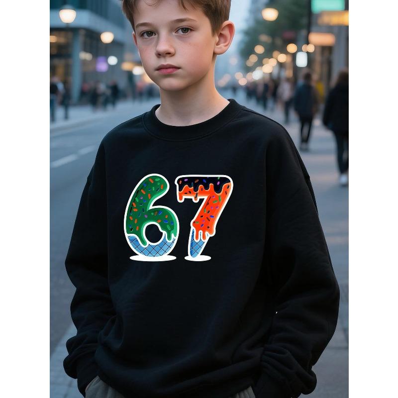 Kids Unisex Crewneck Sweatshirt, Ice Cream Waffle Cone Dripping Sprinkles 67 Number Print Pullover, Sweatshirt for Boys Girls Over 4 Years Old 110 чёрный