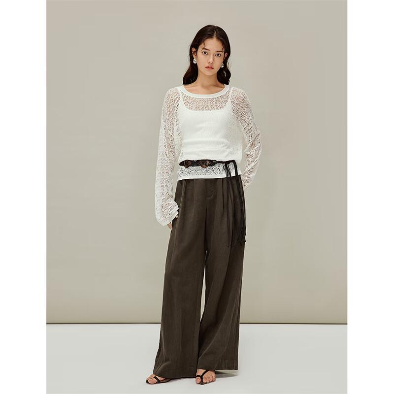 INMAN Women's Lyocell Linen Hollow Knit Drop Shoulder Top