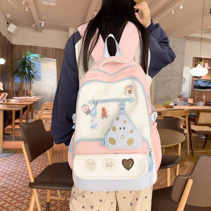 Schoolbag Women's Large Capacity Backpack Student Color Block Backpack with Coin Purse