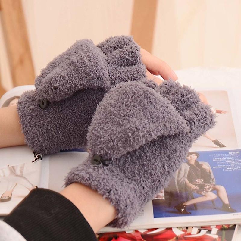 Girls Coral Velvet Flip Cover Half Finger Winter Hand Warmer Mittens Clamshell Gloves Flip Half