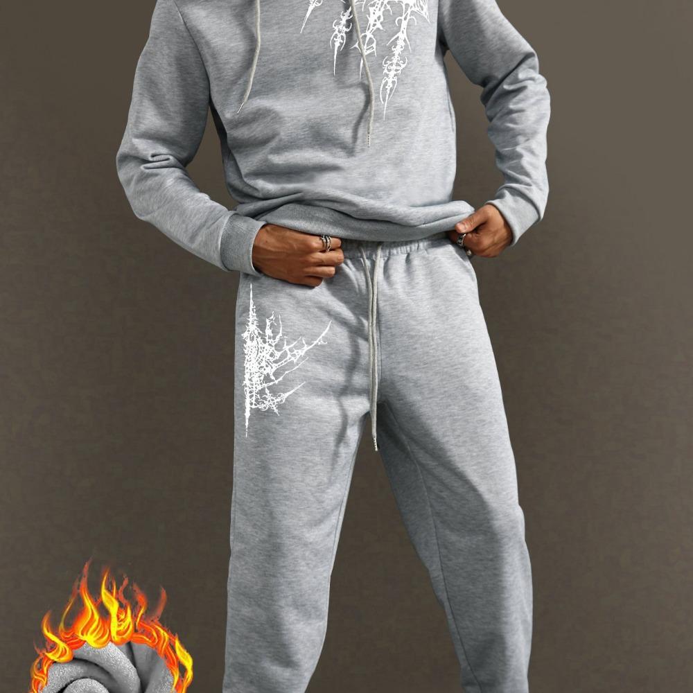 Herren modische Sportbekleidung mit Kapuze, lässiges Set, normale Passform, bedrucktes Design, mit Taschen