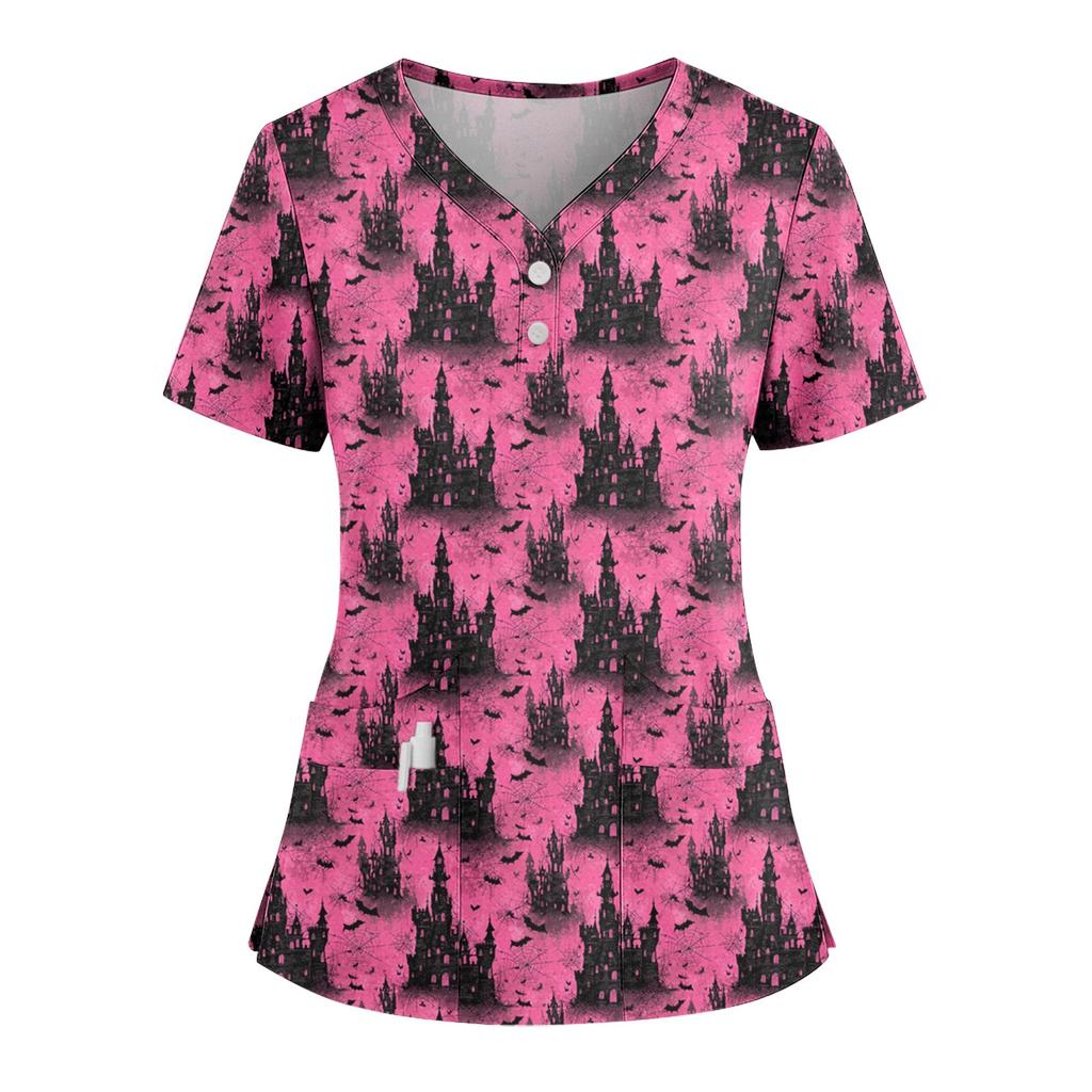 Women's Loose Short Sleeved Fashionable Halloween Print V-neck Buttonable Side Slit Top T-shirt