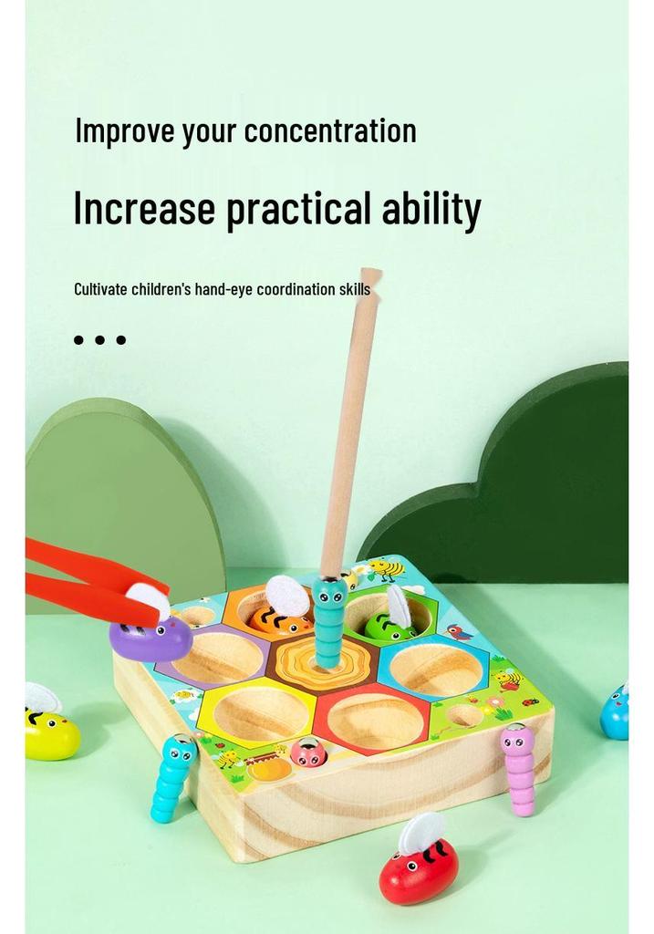 Kids' Wooden Beehive Fishing Toy - Ages 3+ for Concentration, Insect Catching, and Color Recognition