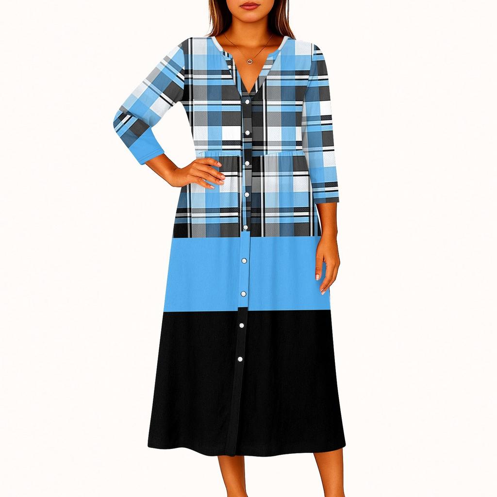 Dame Mote Trykket Rund Hals Syv Kvart Erm Knapp Løs Skjortekjole