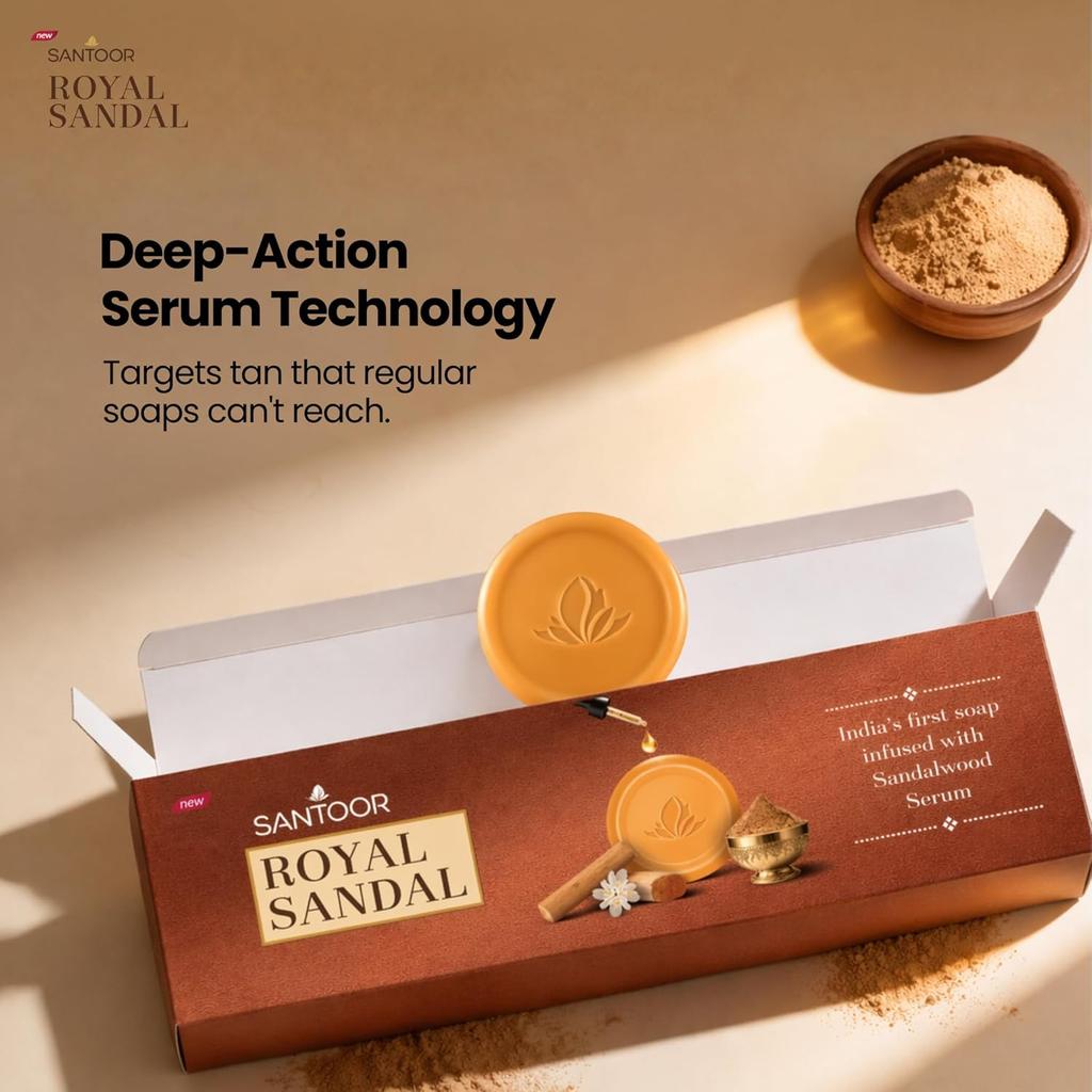 Santoor Royal Sandal Detan Soap Pack of 1 3N X 150g Natural Sandalwood Oil Skin Brightening Complexion Glowing Soap