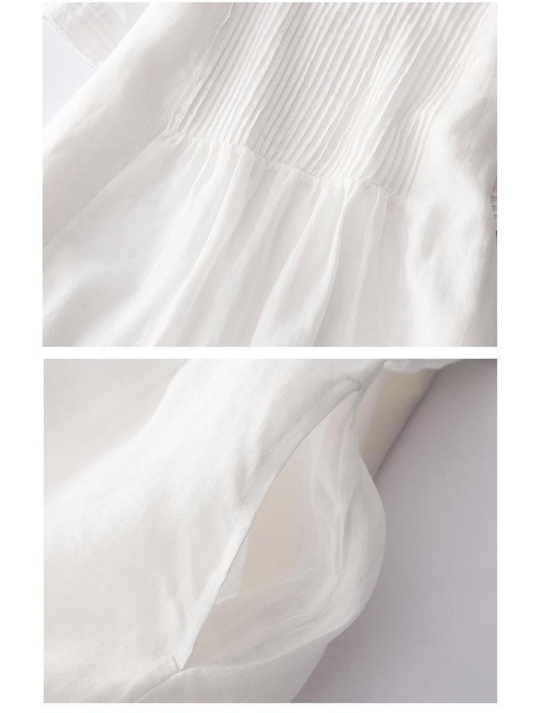 2024 Summer Women's Cotton-Linen V-Neck Pleated Retro Dress