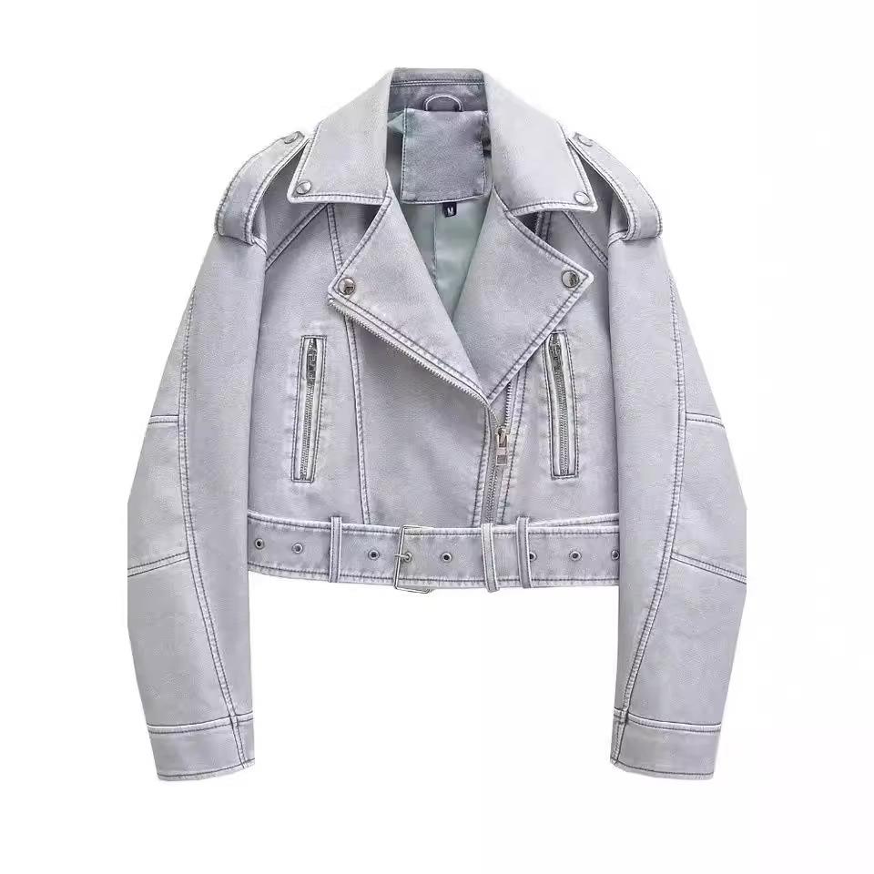 Women's Lapel Motorcycle Jacket Pu Leather Jacket European and American Style Imitation Leather Jacket Trend