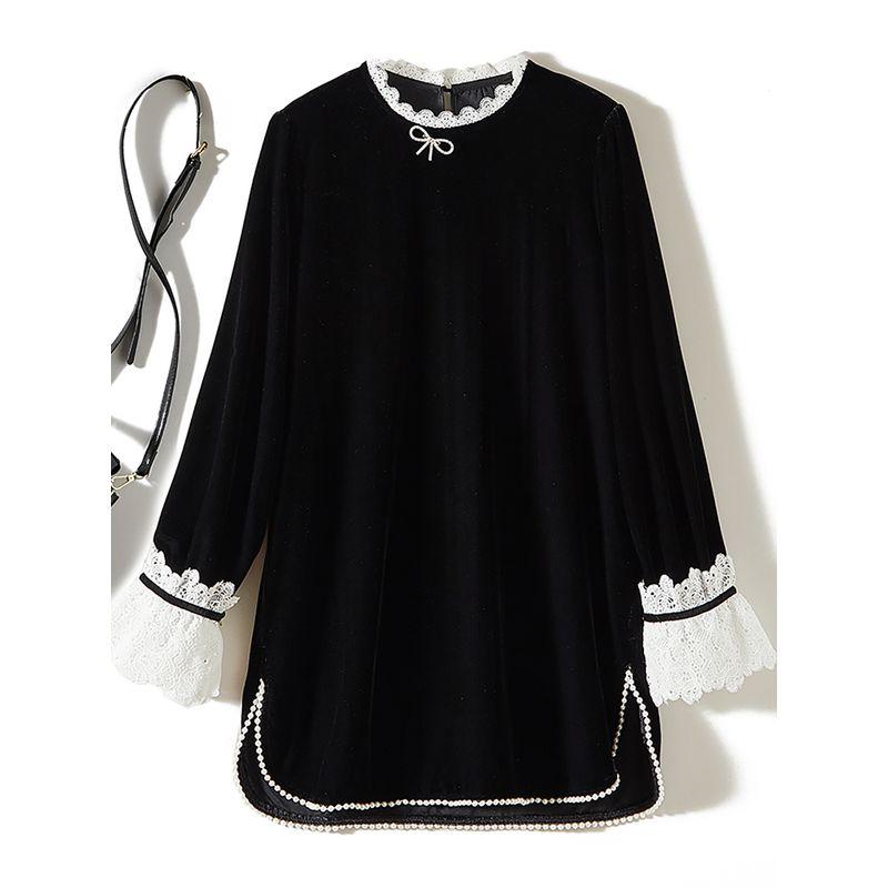 Feminine Black Dress! Lace Edge Small Horn Long Sleeve Pleuche Cocoon Shaped Pearl Edge Dress Spring & Fall Winter Skirt