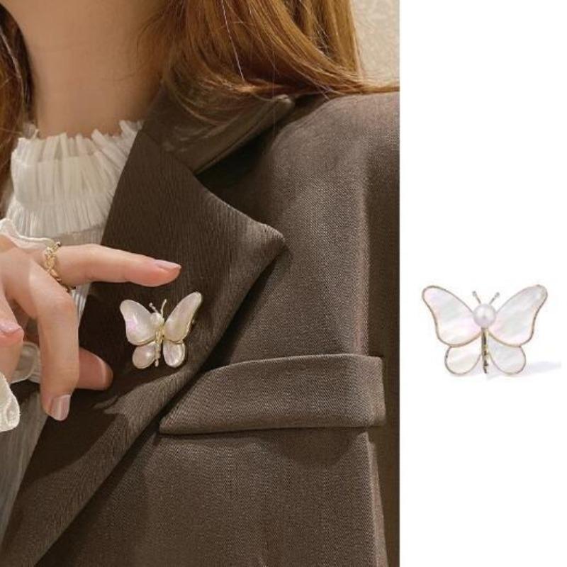 Fashionable Butterfly Shell Pearl Brooch, Anti-exposure Pin for Women, Metal Button To Fix Clothes, Wedding Party Gift