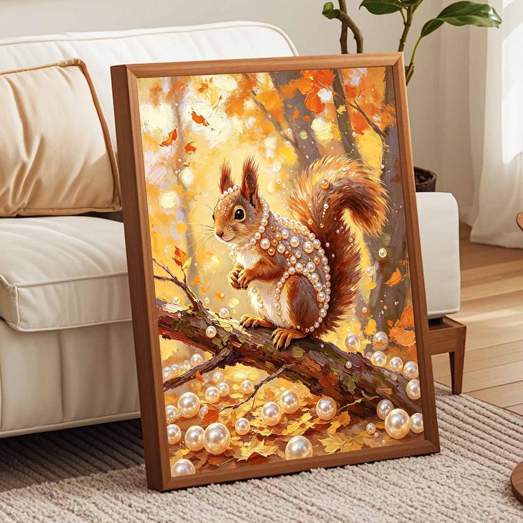 Stretched Frame Pearl Art Kit Autumn Squirrel Pattern DIY Sparkling Bead Canvas Relaxing Hobby Gift for Handicraft Lovers Best Home Decor Art
