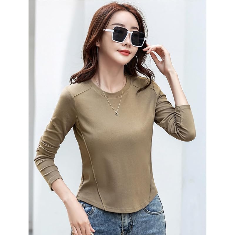 [OKJCON] Ladies T-shirt Long Sleeve Spring Plain Color Casual Fashionable Large Size (JP, Alphabet, L, Khaki)