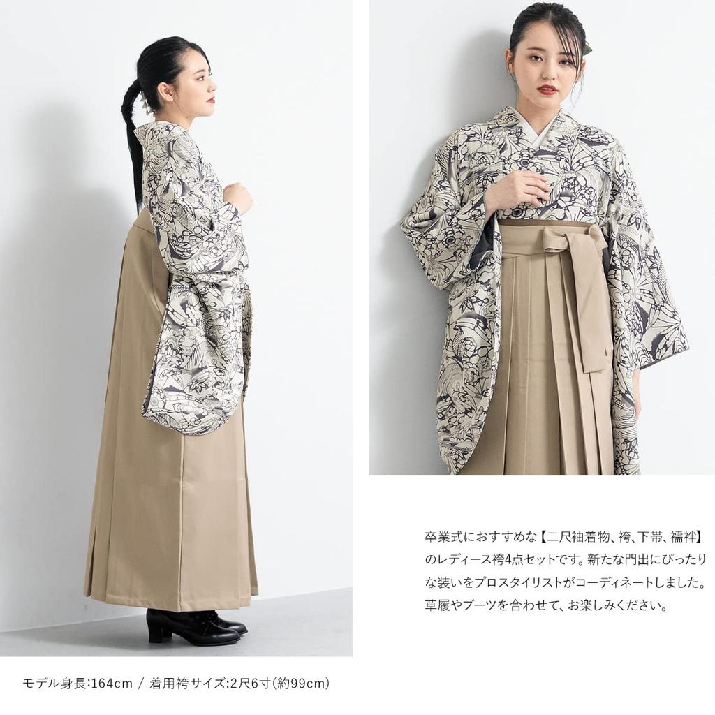 [SOUBIEN] Soubien Hakama 4-teiliges Set (Nishaku-sode KimonoHakamaNagajubanObi) Damen-Abschlussfeier SS 2 shaku 2 sun 83cm Grau x Beige Botanisch
