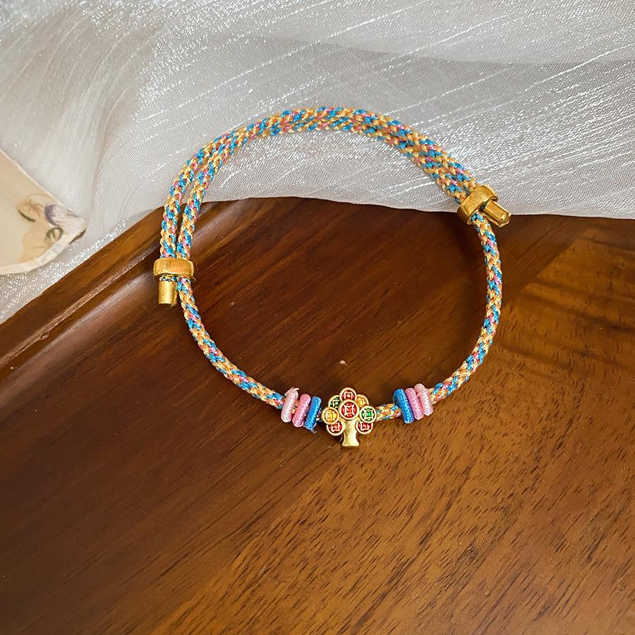 Chinese Style Woven Cotton Rope Geometric Bracelet with Copper Coin Design - Versatile, Fashionable, and High-end Jewelry