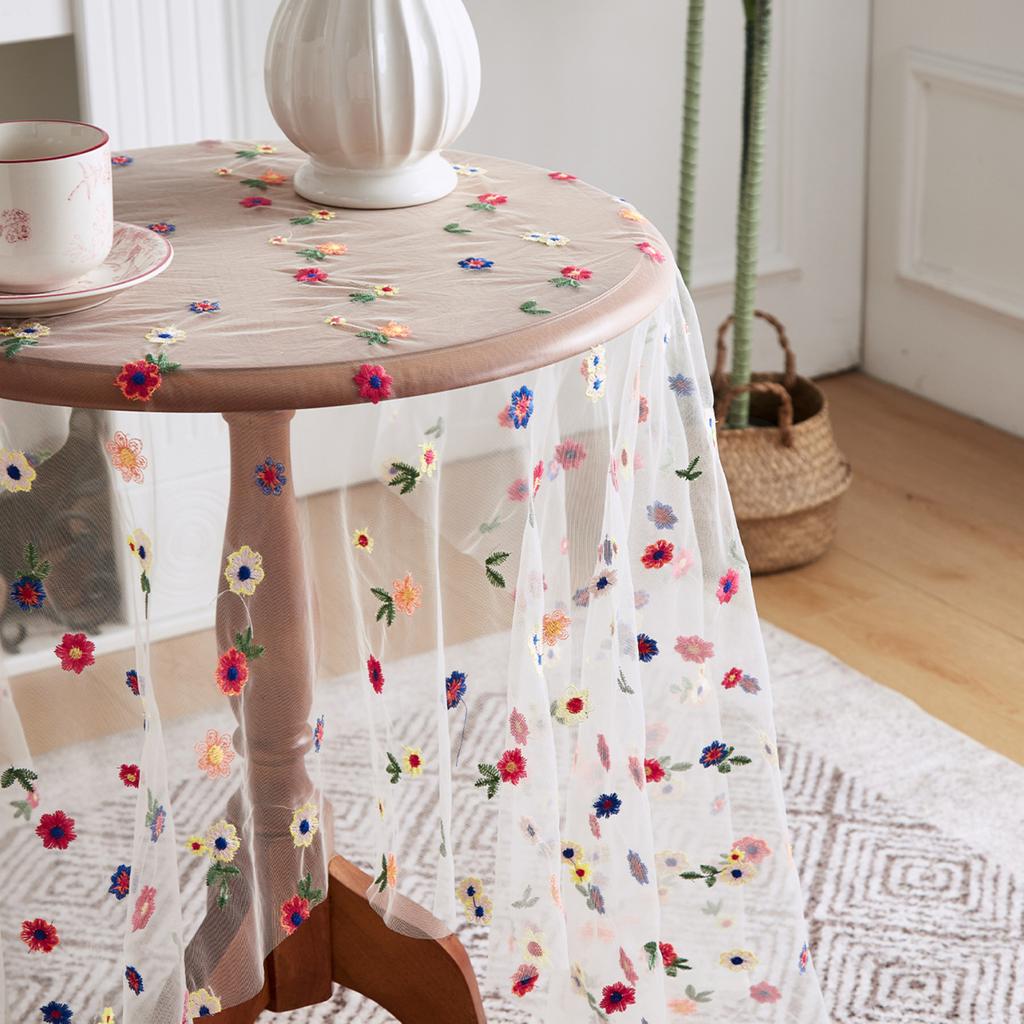 Yousheng Transparent Dining Table Mat Thin Visible Mesh Colorful Flower Embroidery Round Table Protector Decorative Table Cloth for Party Decoration