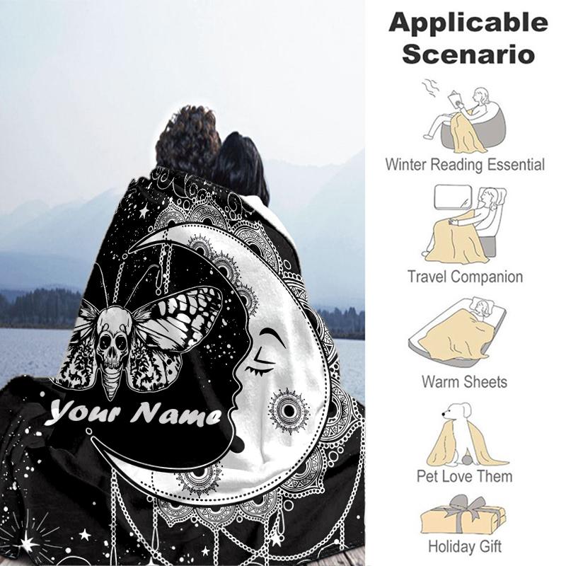 1PC Custom Name Moonlit Butterfly Dreams flannel blanket versatile, all-season throw suitable for the living room, bedroom, camping, travel, and gift