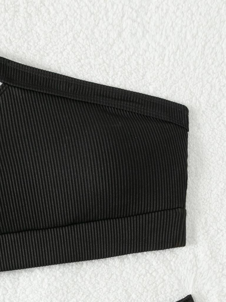2024 Jednobarevné žebrované jednoramenné bikiny s vysokým pasem