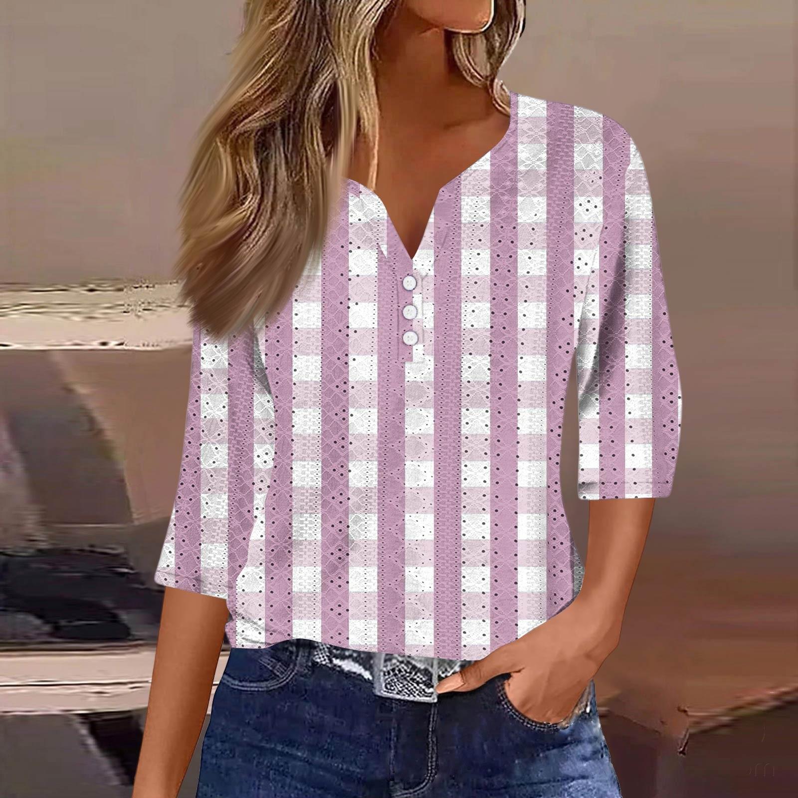 

Женская модная футболка с V-образным вырезом, пуговицами, рукавами семь, повседневная полосатая клетчатая футболка с принтом XL