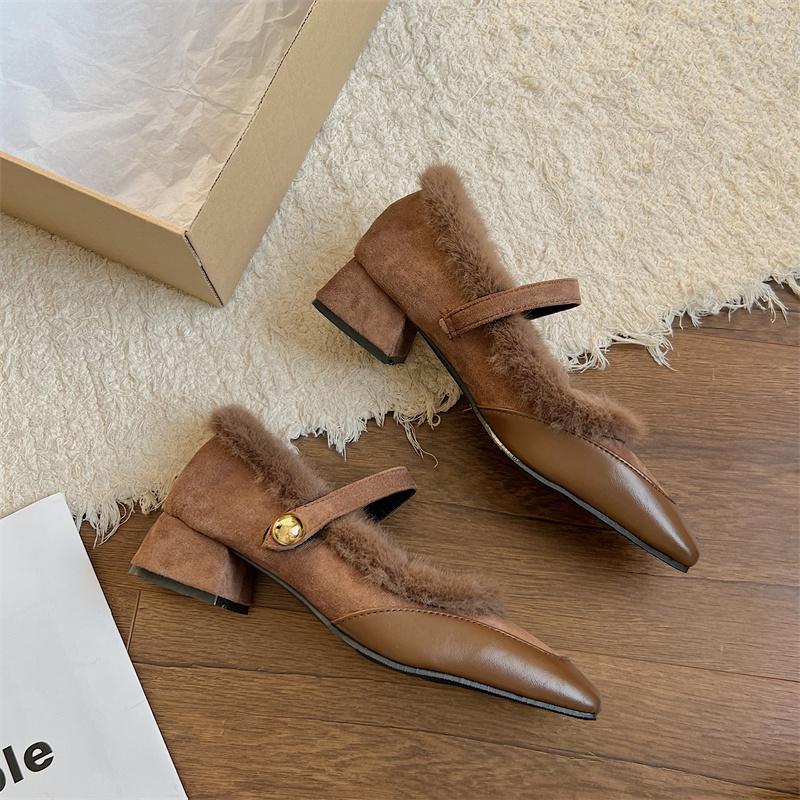 

Женские меховые туфли Marie Janes на среднем каблуке с квадратным носком 2025 года, фирменная тенденция, новые короткие плюшевые теплые модные элегантные туфли-лодочки Chaussures Femme 35