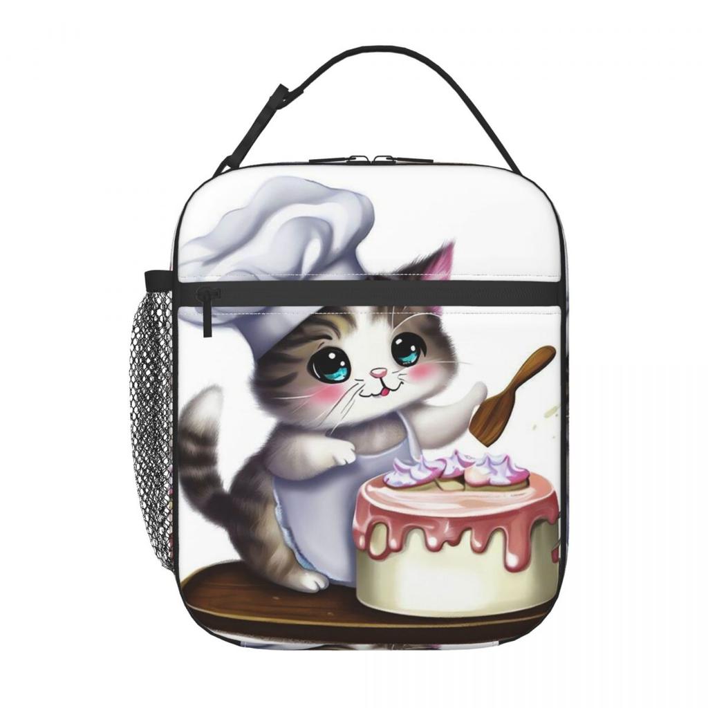 Cute Kitten Cooking Cake Pattern Insulated Lunch Bag for Women Kids Portable Food Boxes Thermal Lunch Box Tote