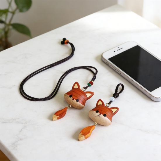 Hand-Carved Wooden Fox Pendant Keychain Cute Animal Design Phone Keys Bag Charm Eco-Friendly Gift Accessory