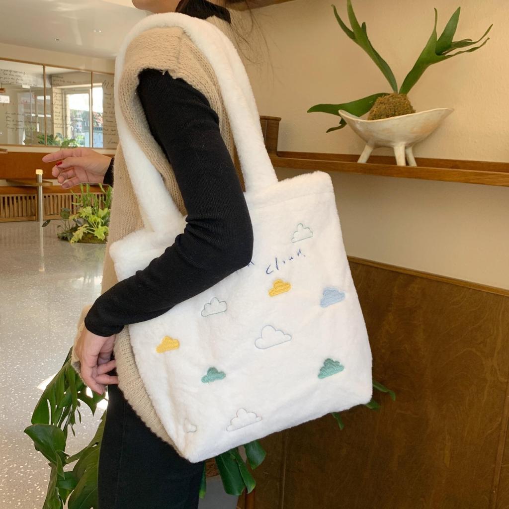 Women Plush Embroidery Small Cloud Cute Large Capacity Shoulder Bag