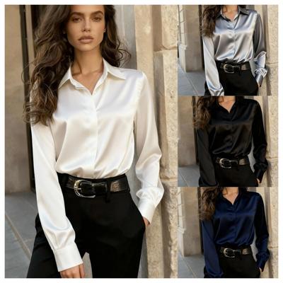 Destaque 2025 Nova Camisa Feminina de Cetim com Lapela de Manga Longa Versátil Outono Camisa para Mulheres