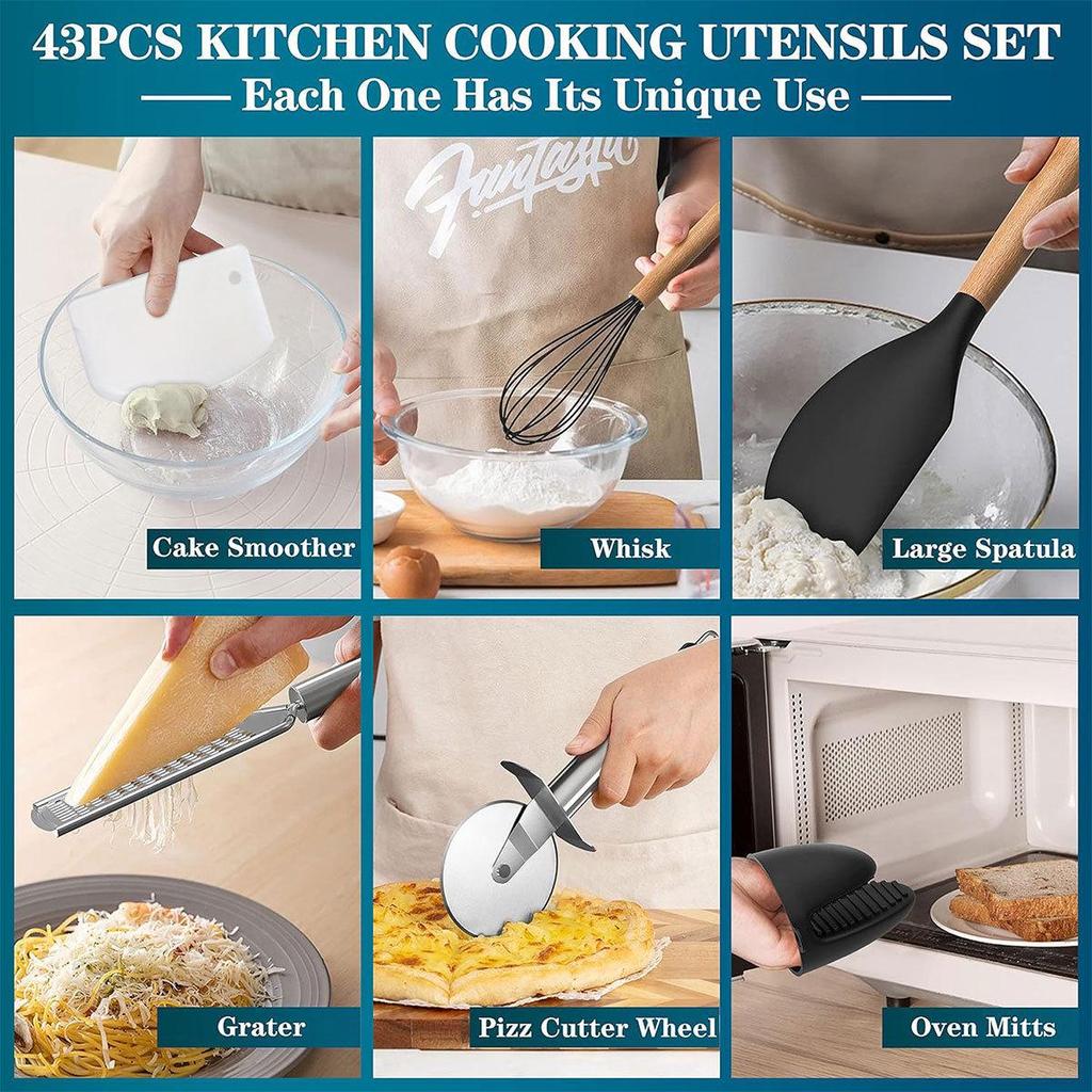 44-Piece Silicone & Wood Handle Kitchenware Set - Non-stick Cooking Spatula, Soup Ladle, and Tableware Tools