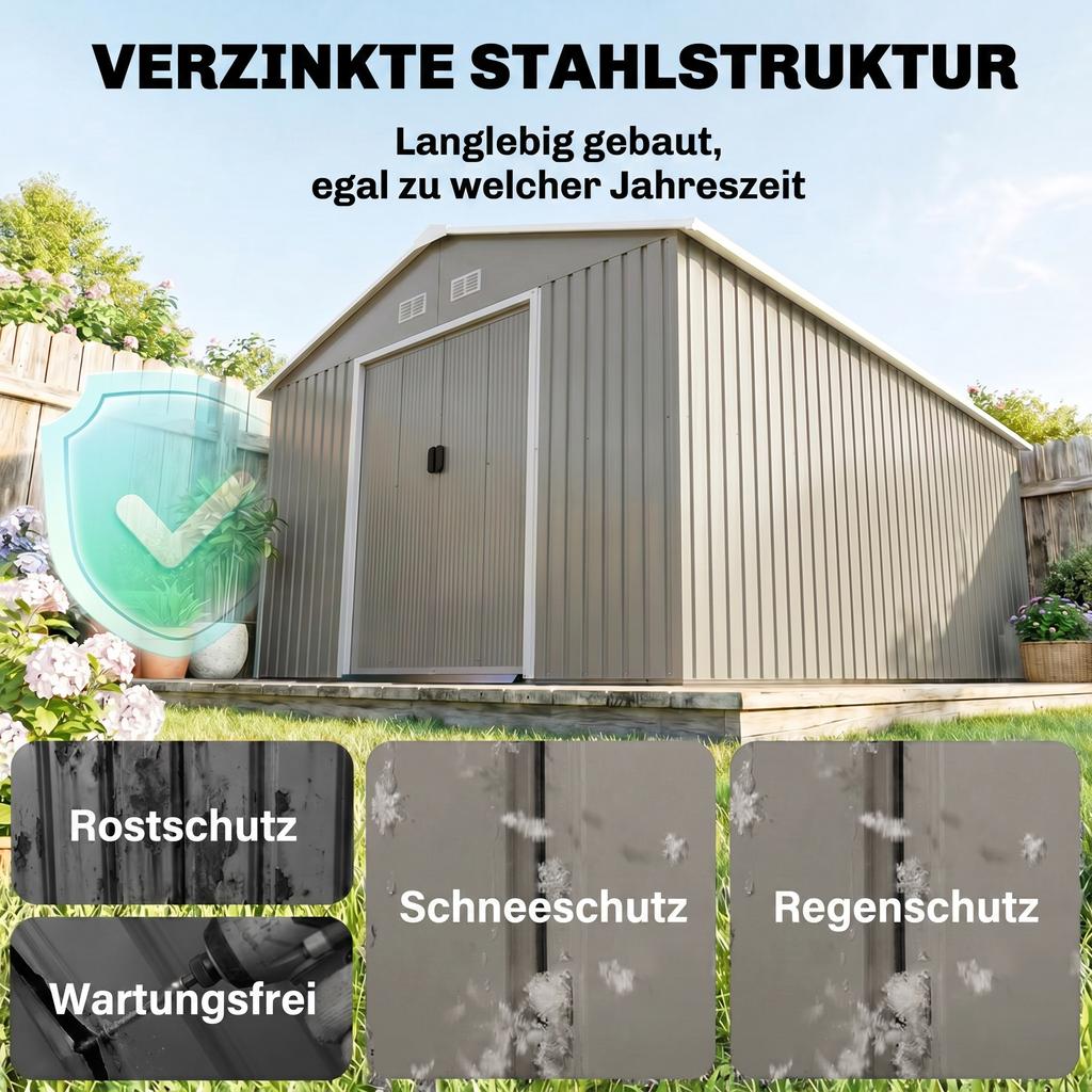 13 x 11 pés Galpão de Armazenamento de Metal para Jardim Galpão de Armazenamento Externo com Kit de Fundação Ventilação e Portas, Cinza Claro