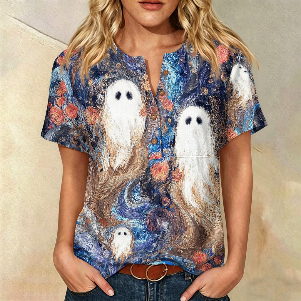 Women Casual Short Sleeve Henley Shirt with Chest Pocket Halloween Themed Graphic Print Cotton Linen Blended Fabric Relaxed Fit