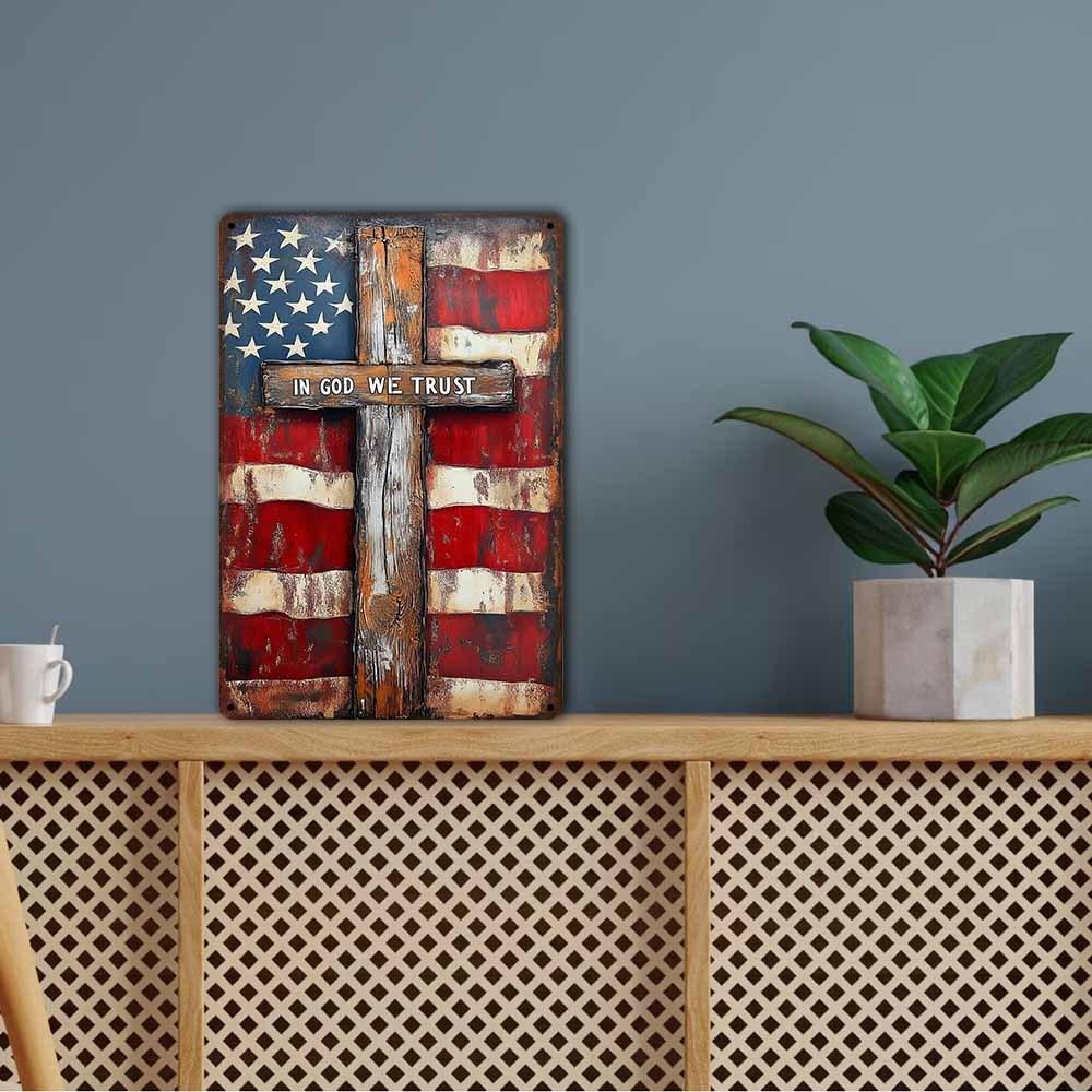 In God We Trust" Patriotic American Flag & Cross Aluminum Sign - 8x12in | Vintage Christian Wall Decor for Home, Church, Garage