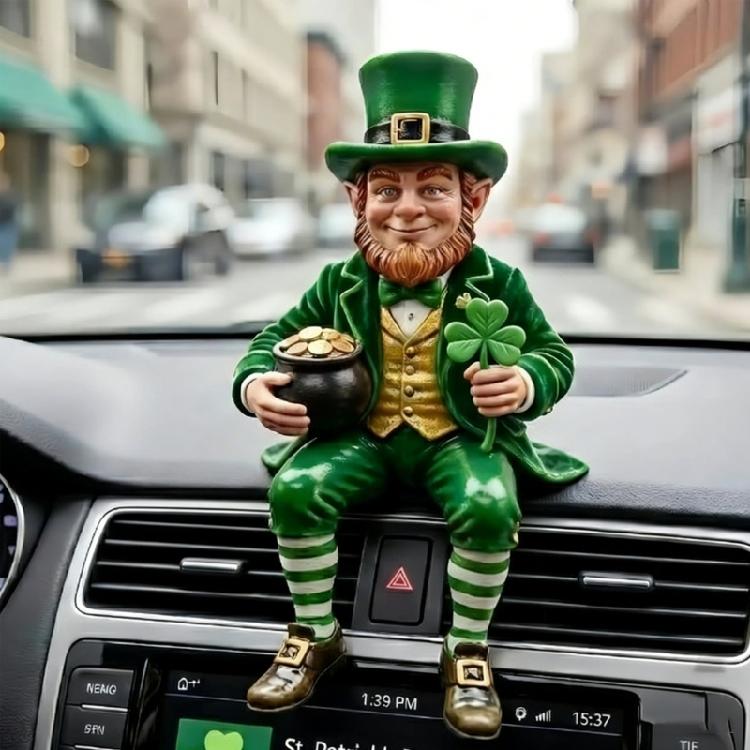Leprechaun Sculpture Green Resin Statue with Shamrock and Pot of Gold For Patricks Day Irish Festives Home Decorating