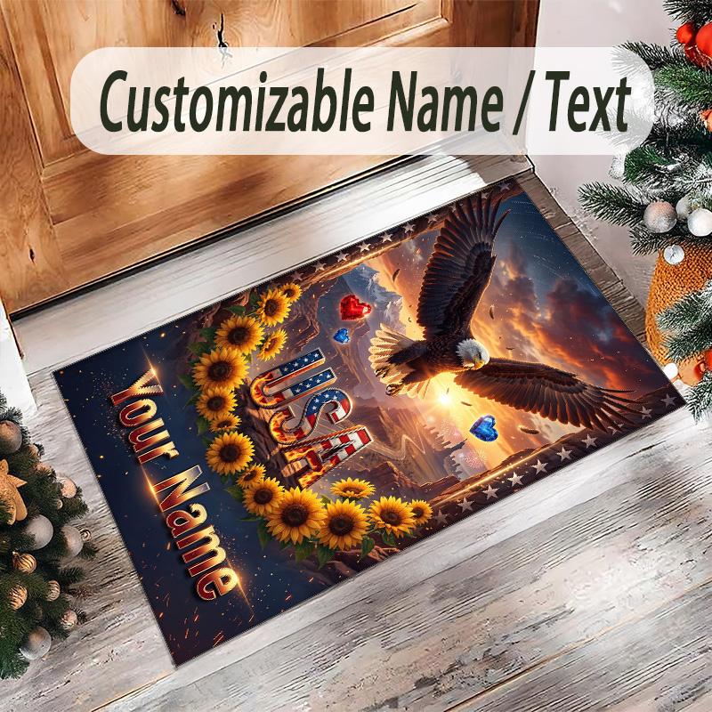 American Patriotic Theme Crystal Velvet Rug Personalized Custom Name Text Soft Floor Mat Home Decor