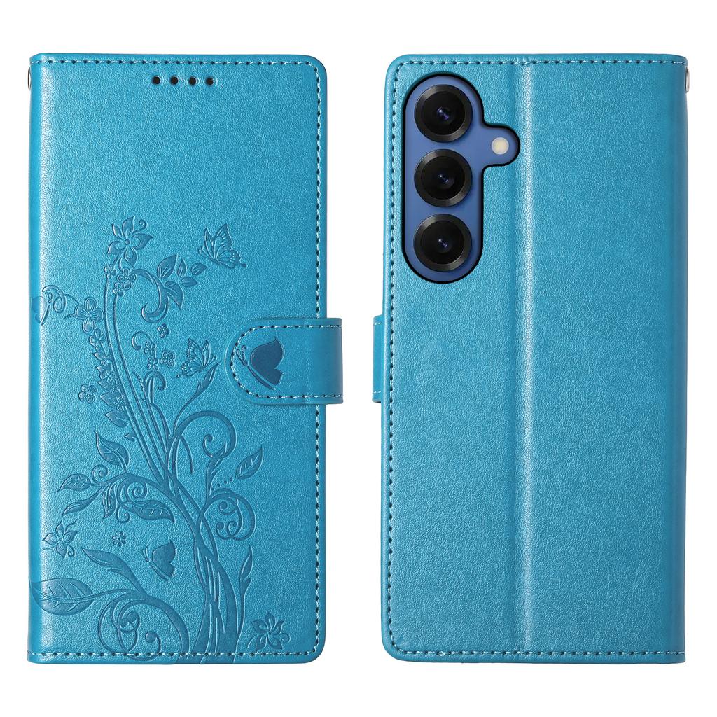 For Samsung Galaxy S26+ Wallet Case Butterfly Floral Imprint PU Leather Phone Cover with Wrist Strap