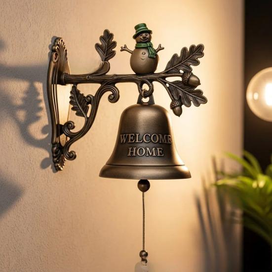 Christmas Welcome Home Bell Wall Mounted Rustic Metal Doorbell Vintage Santa Reindeer Snowman Penguin Hanging Dinner Bell for Front Door Yard