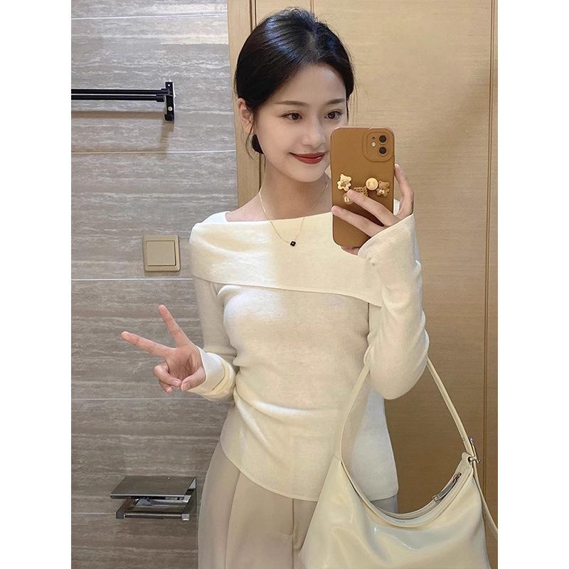 Spring gentle wind one-word shoulder knitted top women's slim pure desire sweater temperament fashionable bottoming shirt
