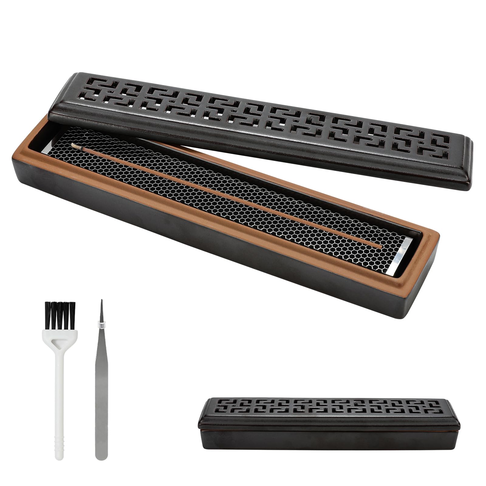 

CEREMONY Incense Holder, Horizontal, Safe - Coffin-Style Incense Box with Ash Catcher for Sticks, for Meditation, Yoga, Spa, and Room Decor (Brown)