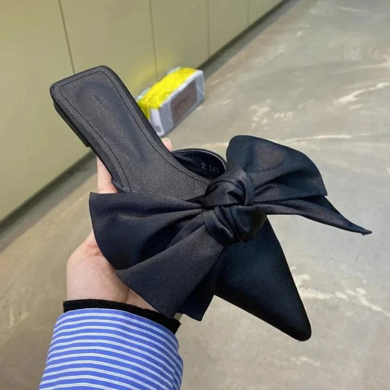 Fashion Oversize Bowtie Mule Shoes Women Fashion Pointed Toe Stripe Wave Slip-on Sandals Ladies Luxury Satin Silk Outdoor Flat Slippers